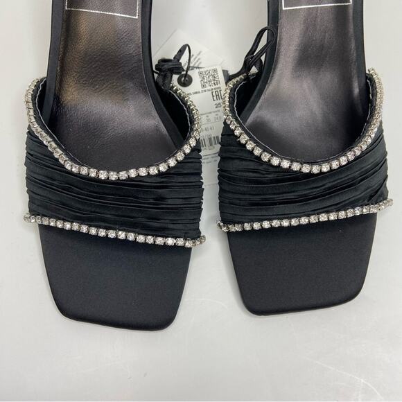 New Zara Crystal Trim Open Square Toe Black Satin Mule Slide Sandals Size 6.5 - Picture 10 of 15